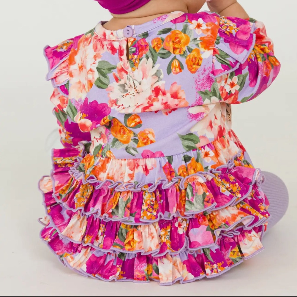 RuffleButts Lavender Valley Cotton Knit Bubble Romper with Frilly bum- purples